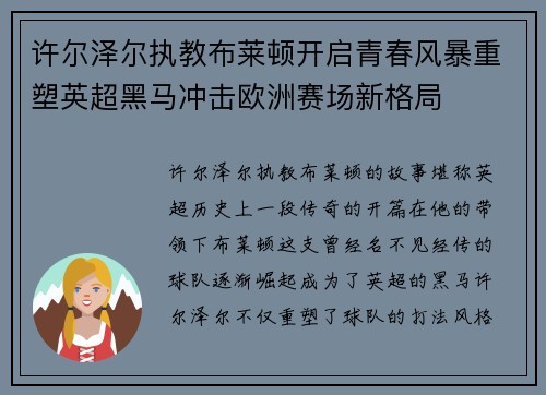 许尔泽尔执教布莱顿开启青春风暴重塑英超黑马冲击欧洲赛场新格局
